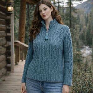 VTG Chunky Cable Knit Zip Cardigan Women L Blue Wool Alpaca Fisherman Cabincore